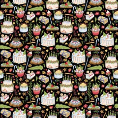 Christmas seamless pattern with holiday pastry, cakes, cookies, muffins