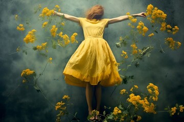 portrait d'une jeune femme en robe jaune, au visage masqué par ses cheveux. - obrazy, fototapety, plakaty