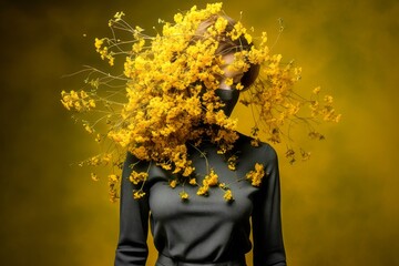 portrait anonyme d'une jeune femme masquée, habillée en noir et entouré de fleurs jaunes lui cachant le visage. - obrazy, fototapety, plakaty