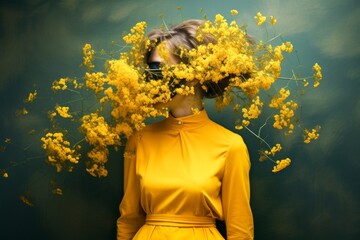 portrait anonyme d'une jeune femme habillée en jaune et entouré de fleurs jaunes lui cachant le visage - obrazy, fototapety, plakaty