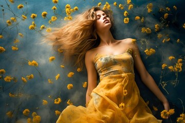 portrait d'une jeune femme glamour brune en robe jaune, douce élégante et glamour, avec des fleurs jaunes volantes.