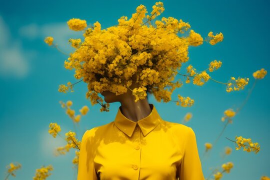 portrait d'une dame &eacute;l&eacute;gante et moderne, dont le visage est cach&eacute; par des fleurs repr&eacute;sentant l'anonymat de de la femme.