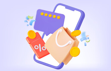 Advantageous Purchase from online store. Phone with coupon and bag. 3d render vector illustration. Loyalty program concept.