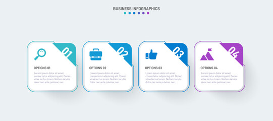 Timeline infographic with infochart. Modern presentation template with 4 spets for business process. Website template on white background for concept modern design. Horizontal layout.