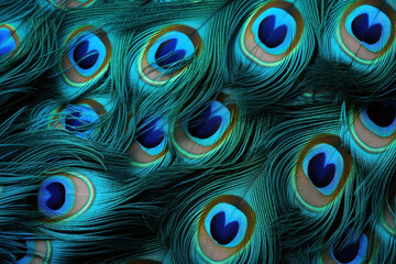 Beautiful bright background of peacock feathers, peacock feathers on a dark background