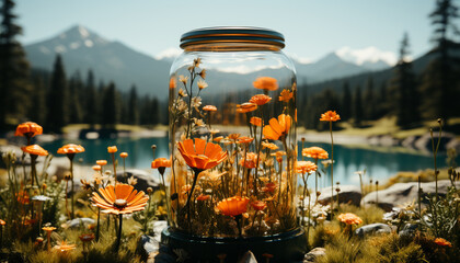 Tranquil scene: Sunlit meadow, mountain range, and blooming wildflowers generated by AI