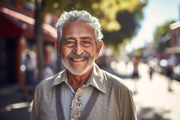latin senior man portrait looking at camera outdoors in the street in Mexico city, hispanic adult people. ai generative - obrazy, fototapety, plakaty