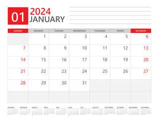 January 2024 year, Calendar planner 2024 and Set of 12 Months,  week start on Sunday. Desk calendar 2024 design, simple and clean design, Wall calendar, Corporate design planner template vector