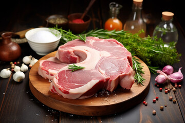fresh pork neck raw or collar pork on board with ingredients for marinated. ai generative