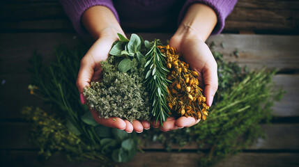 female hands holding a bunch of medicinal herbs. ai generative - obrazy, fototapety, plakaty