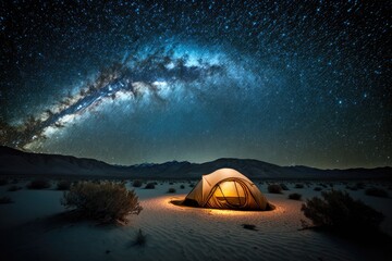 Fototapeta na wymiar Tourist tent in the desert under starry night sky with milky way