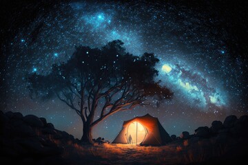 Tourist tent under a big tree in the night starry sky