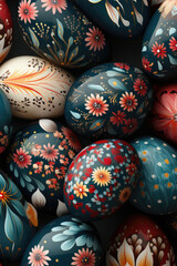 Colorful painted Easter eggs, flat lay background 