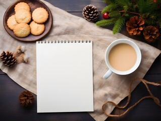 A blank sheet of paper placed on a cozy knitted blanket, accompanied by a festive mug of eggnog and a platter of homemade Christmas cookies
