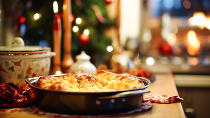 Christmas pie, holiday recipe and home baking, meal for cosy winter English country dinner in the cottage, homemade food and british cuisine - obrazy, fototapety, plakaty