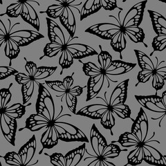 seamless pattern of black contours of butterflies on a gray background, texture, design