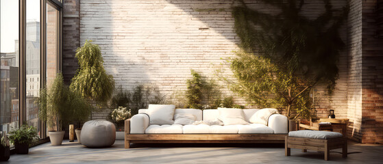 Luxury exterior design scene. Villa Backyard terrace in the evening with couches and lounge...