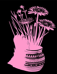 pink graphic drawing of a bouquet of flowers on a black background, design, art