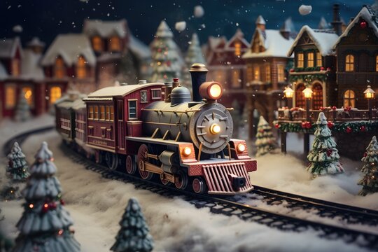 Vintage-inspired toy train running through a miniature Christmas village, snowfall