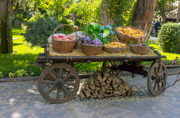 Agricultural exhibition in a retro cart of vegetables, fruits, root vegetables and herbs.