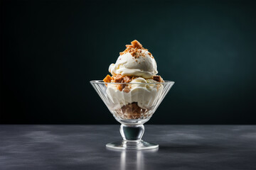 Ice cream in a glass bowl in a minimal background. food photography, vanilla Ice cream in an elegant glass cup isolated on a copy space background, Mouthwatering & Delicious ice cream cup with topping