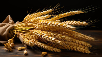 Wheat ears isolated on dark background. Package design element with clipping path. Full depth of field