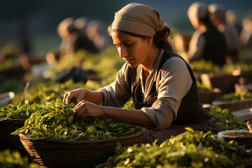 .workers gathering ceylon tea on green plantation - obrazy, fototapety, plakaty