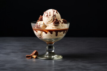 Ice cream in a glass bowl in a minimal background. food photography, vanilla Ice cream in an elegant glass cup isolated on a black background, Mouthwatering ice cream cup with chocolate toppings
