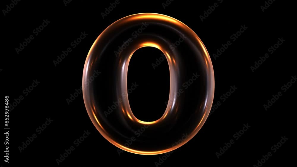 Poster seamless animation of glowing number 0 with light and reflections isolated on black background in 3d