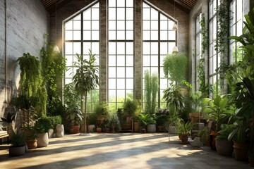 Bright room with tall windows and abundant indoor greenery. Eco-friendly greenhouse. High-resolution picture. Generative AI