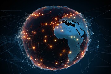 A 3d visualization depicting a network of interconnected nodes spanning the globe. Generative AI