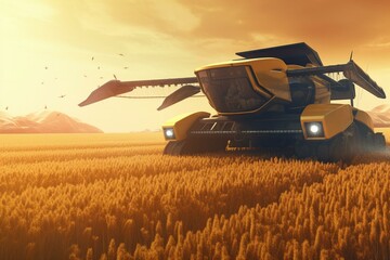 3D illustration of self driving unmanned combine harvester working in field - future concept. Generative AI - obrazy, fototapety, plakaty