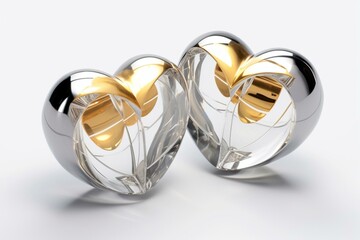 Heart-shaped objects, one golden and one silver, placed at the center with a transparent background. Generative AI