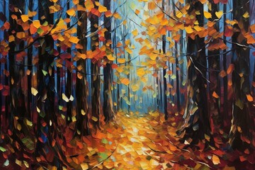 Vibrant autumn forest with fallen leaves portrayed in abstract oil painting. Generative AI