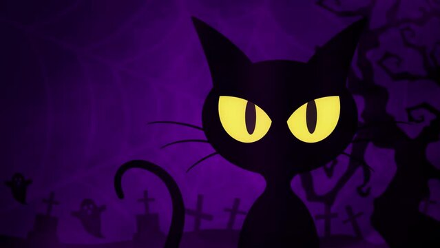 animated illustration of a cat with big eyes shining with a scary background.