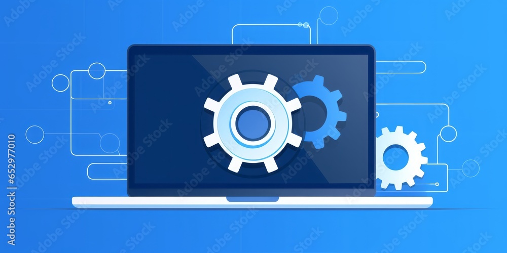 Poster laptop computer featuring a prominent gear icon on a clean white background, symbolizing the interse