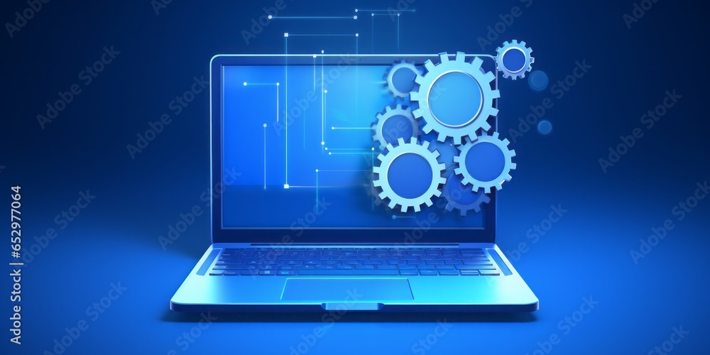 Poster laptop computer featuring a prominent gear icon on a clean white background, symbolizing the interse