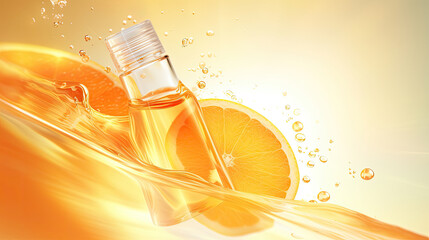 Vitamin C essence ads with translucent sliced orange and droplet bottle - obrazy, fototapety, plakaty