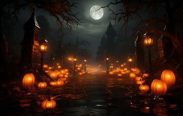 Halloween pumpkins in a tree in a spooky forest at night