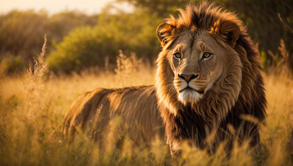 Grande leone maschio (Panthera leo) con una bellissima criniera nella savana al tramonto - obrazy, fototapety, plakaty