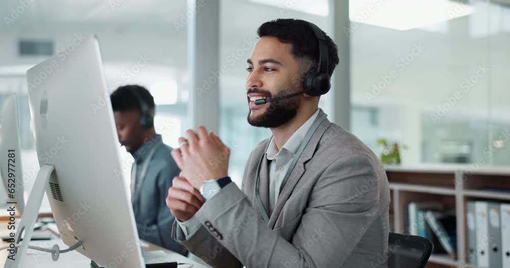 Aufkleber computer, call center and happy with man talking and support at help desk office. technology, custom