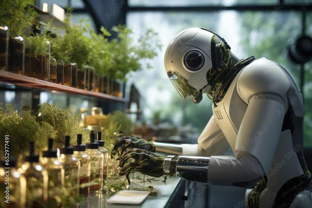 Poster a robot conducting experiments in a high-tech laboratory. generative ai.