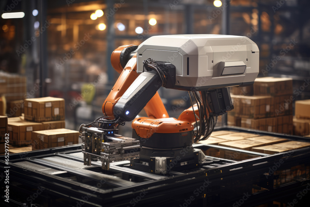 Poster a robotic picker sorting and packing products in an e-commerce warehouse. generative ai.