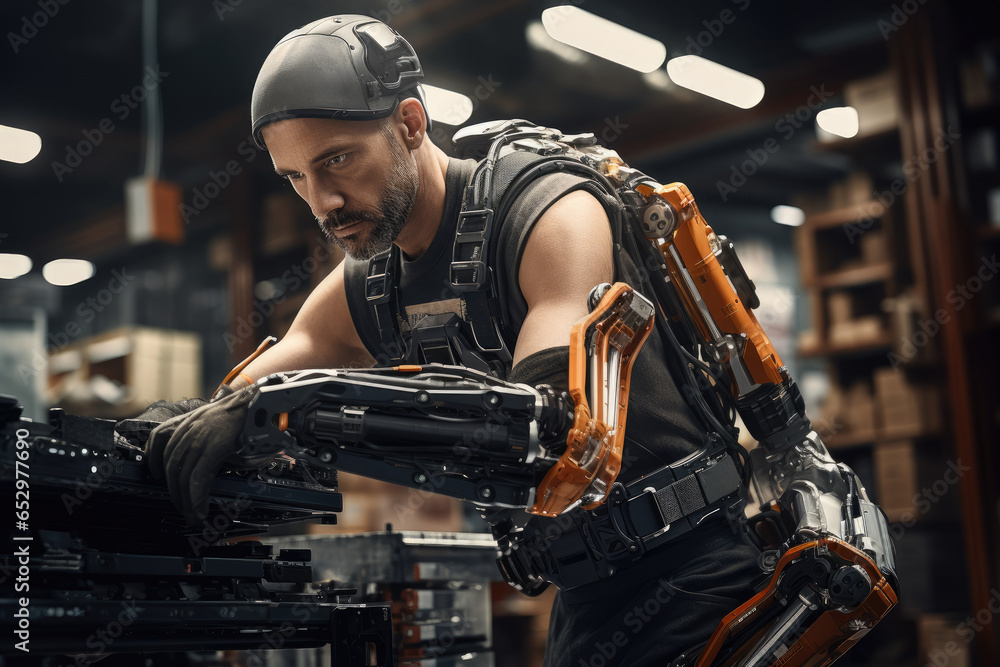 Poster a robotic exoskeleton assisting a worker in heavy lifting tasks. generative ai.