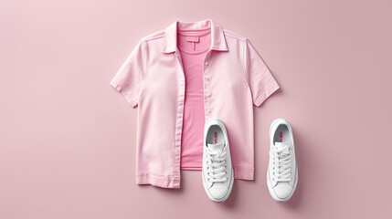 T-shirt, blue jeans, white leather sneakers, fashionable pink blazer jacket isolated on gray background. Clean Branding clothes. Mockup for your design. Spring Summer Clothing