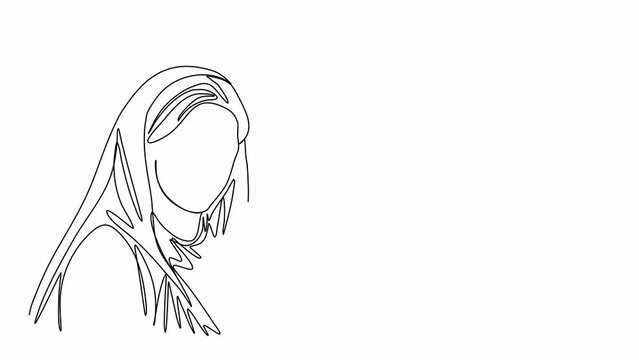 Shawl-wearing woman with a baby in her arms. Biblical stories, virgin mary with jesus christ in her arms. One line drawing animation with alpha channel.