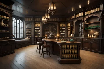 Foto op Plexiglas a spooky potion shop with shelves filled with mysterious elixirs, skulls, and enchanted objects © Shahzad