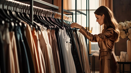 Young woman choosing dress on hanger near clothes in showroom