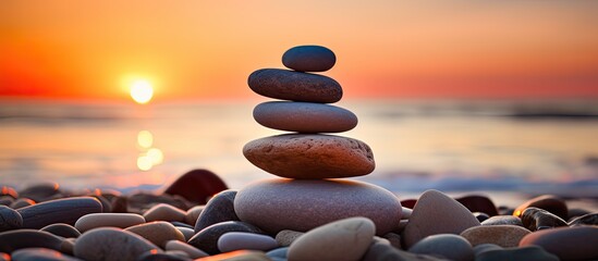Rock pyramid silhouette at sunset Zen stones on beach meditation spa harmony calm backdrop balance idea