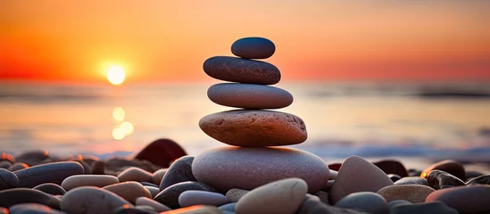Foto auf Acrylglas Steine im Sand Rock pyramid silhouette at sunset Zen stones on beach meditation spa harmony calm backdrop balance idea